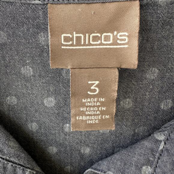 Chico's Dark Blue Cotton Chambray Button Up Shirt Sz XL (3) with Polka Dots - Picture 3 of 4